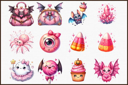 Kawaii Pink Halloween Clipart Cute Spooky PNG Bundle