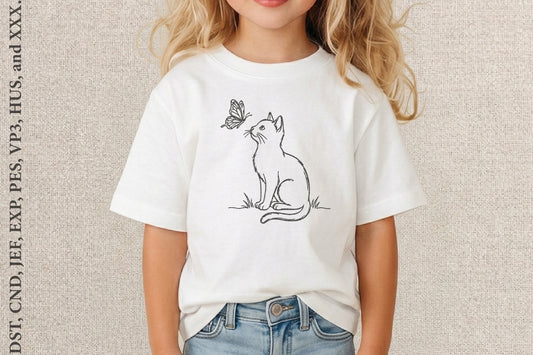 Kitten and Butterfly Embroidery Design – Cute Cat & Butterfly Machine Embroidery Pattern, Adorable Animal Nature Embroidery Design