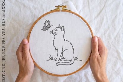 Kitten and Butterfly Embroidery Design – Cute Cat & Butterfly Machine Embroidery Pattern, Adorable Animal Nature Embroidery Design