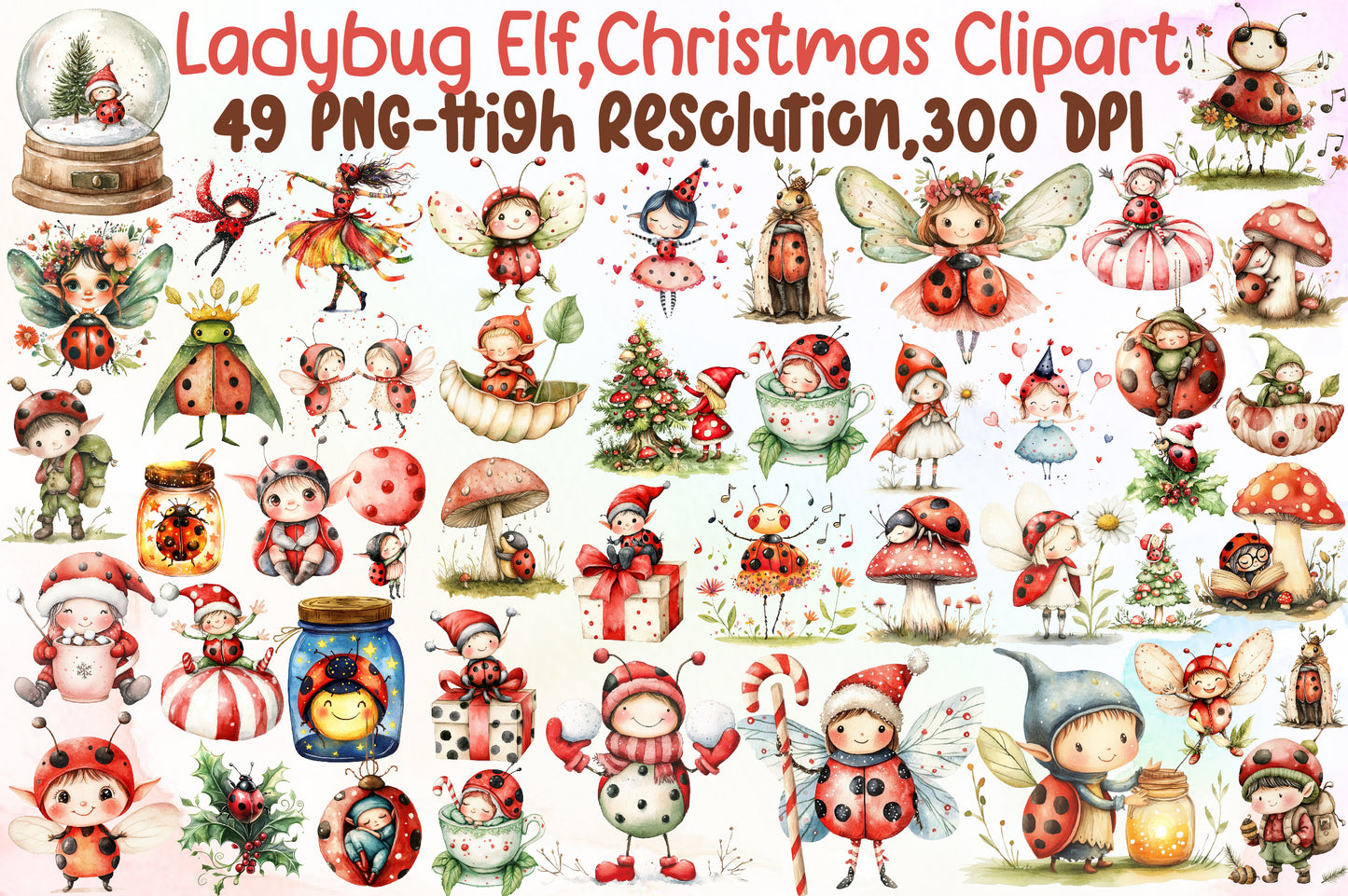 Ladybug Elf Christmas Clipart Cute Fairy PNG Bundle