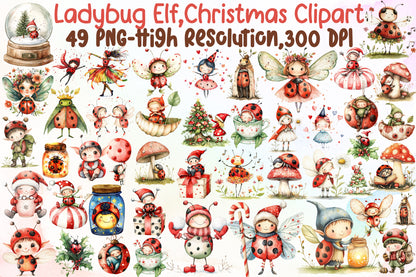 Ladybug Elf Christmas Clipart Cute Fairy PNG Bundle