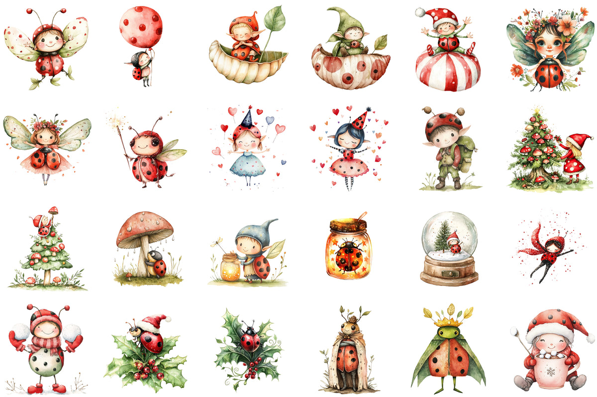 Ladybug Elf Christmas Clipart Cute Fairy PNG Bundle