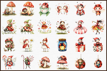 Ladybug Elf Christmas Clipart Cute Fairy PNG Bundle