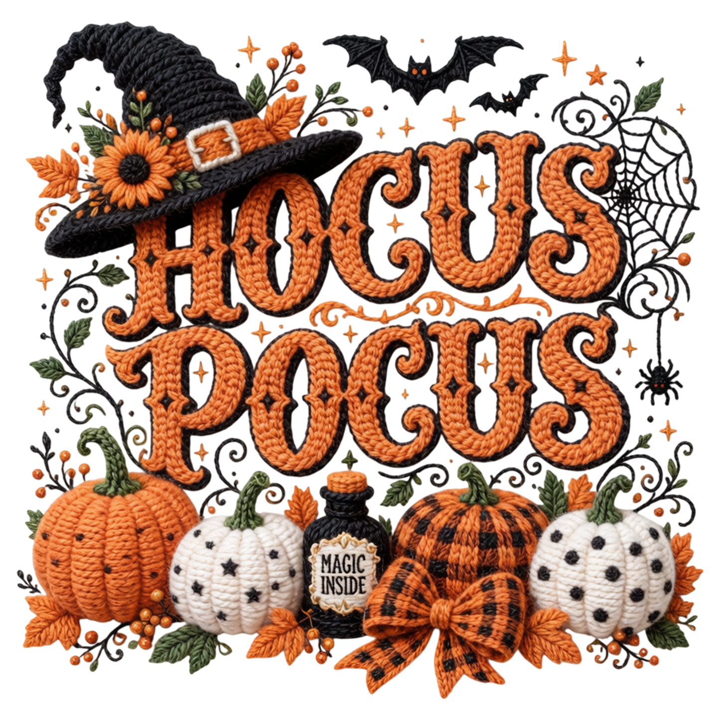 Hocus Pocus Halloween Pumpkin Witch Hat Yarn Crochet PNG Sublimation