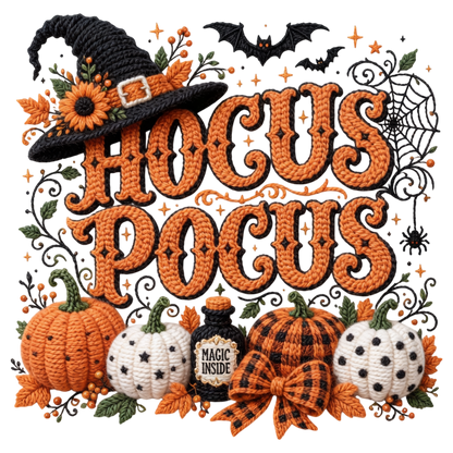 Hocus Pocus Halloween Pumpkin Witch Hat Yarn Crochet PNG Sublimation