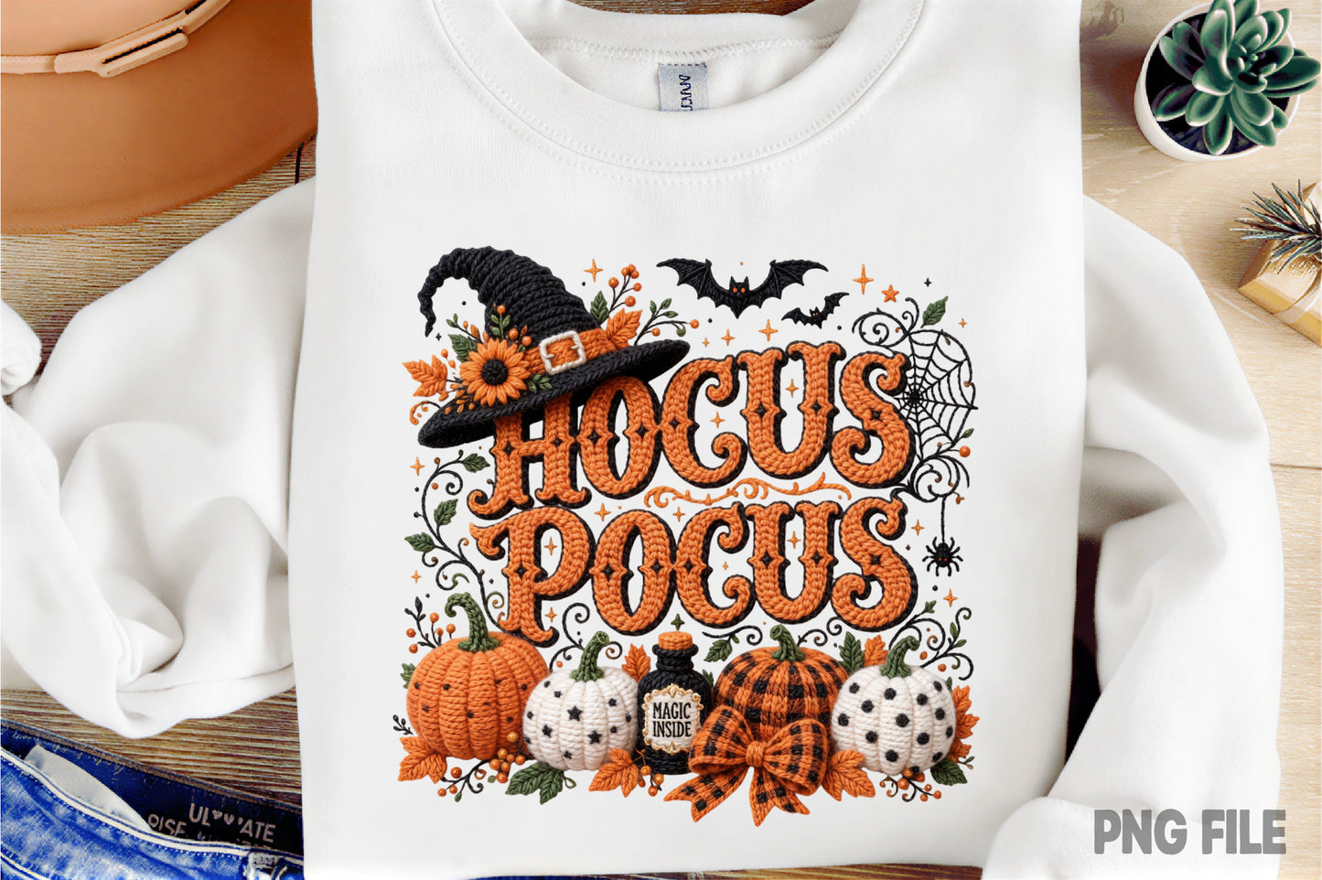 Hocus Pocus Halloween Pumpkin Witch Hat Yarn Crochet PNG Sublimation
