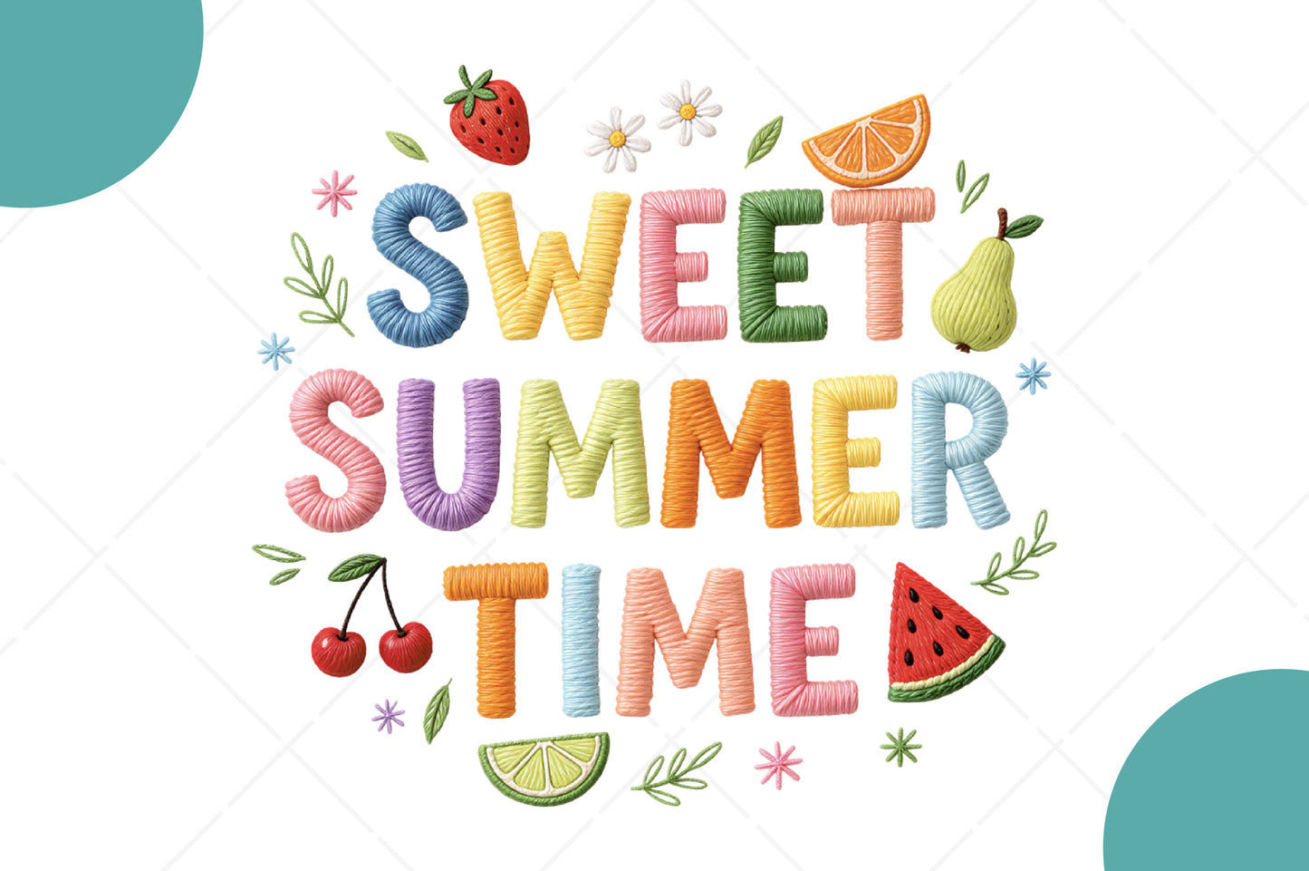 Sweet Summer Time PNG, Colorful Yarn Lettering Summer Fruit Sublimation Design