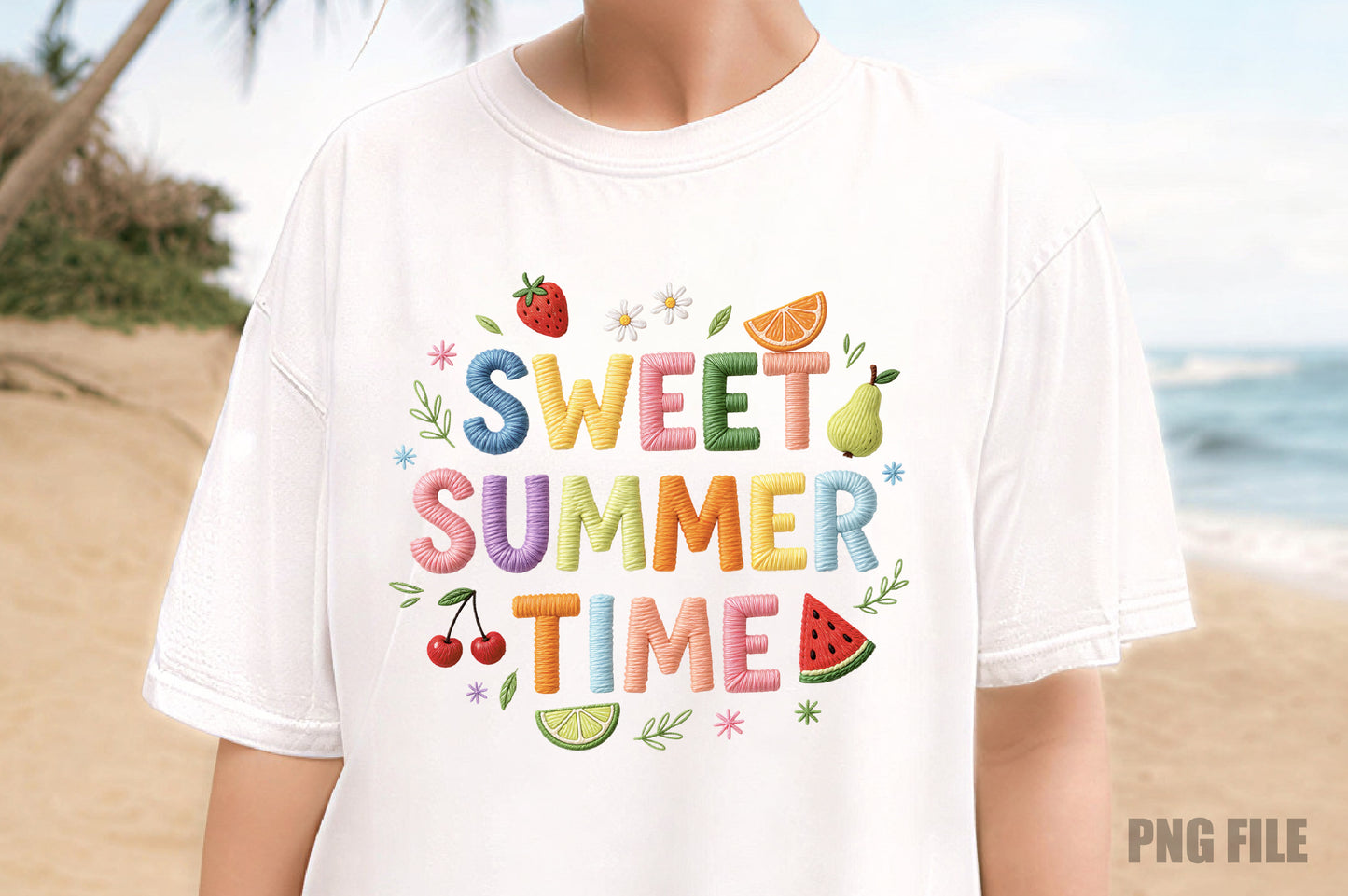 Sweet Summer Time PNG, Colorful Yarn Lettering Summer Fruit Sublimation Design
