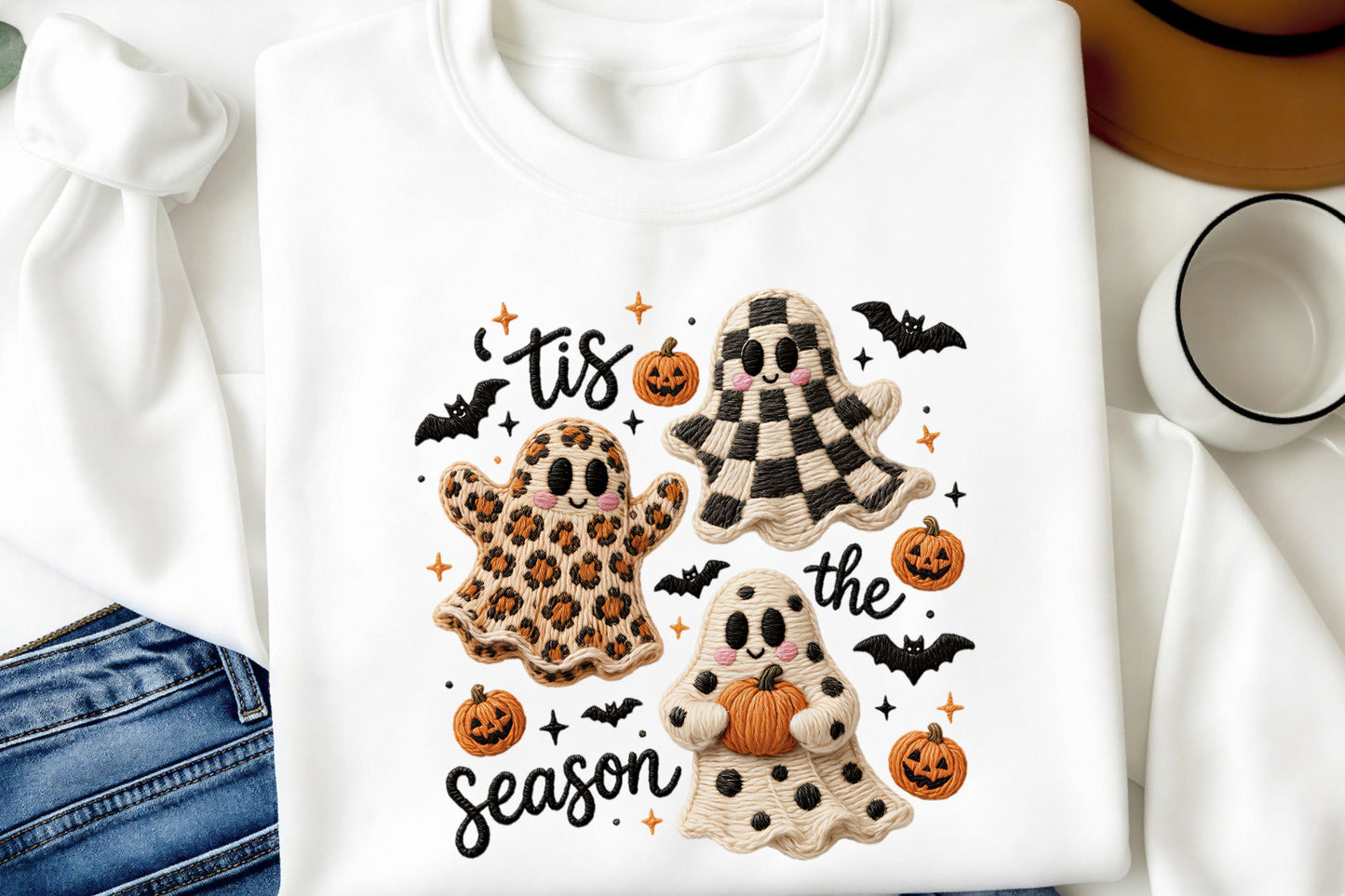 Faux Yarn Halloween Ghosts Tis the Season PNG Cute Spooky Sublimation