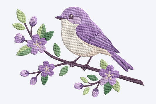 Lavender Bird Embroidery Design – Beautiful Bird & Lavender Flower Machine Embroidery Pattern, Elegant Botanical Nature Embroidery Design