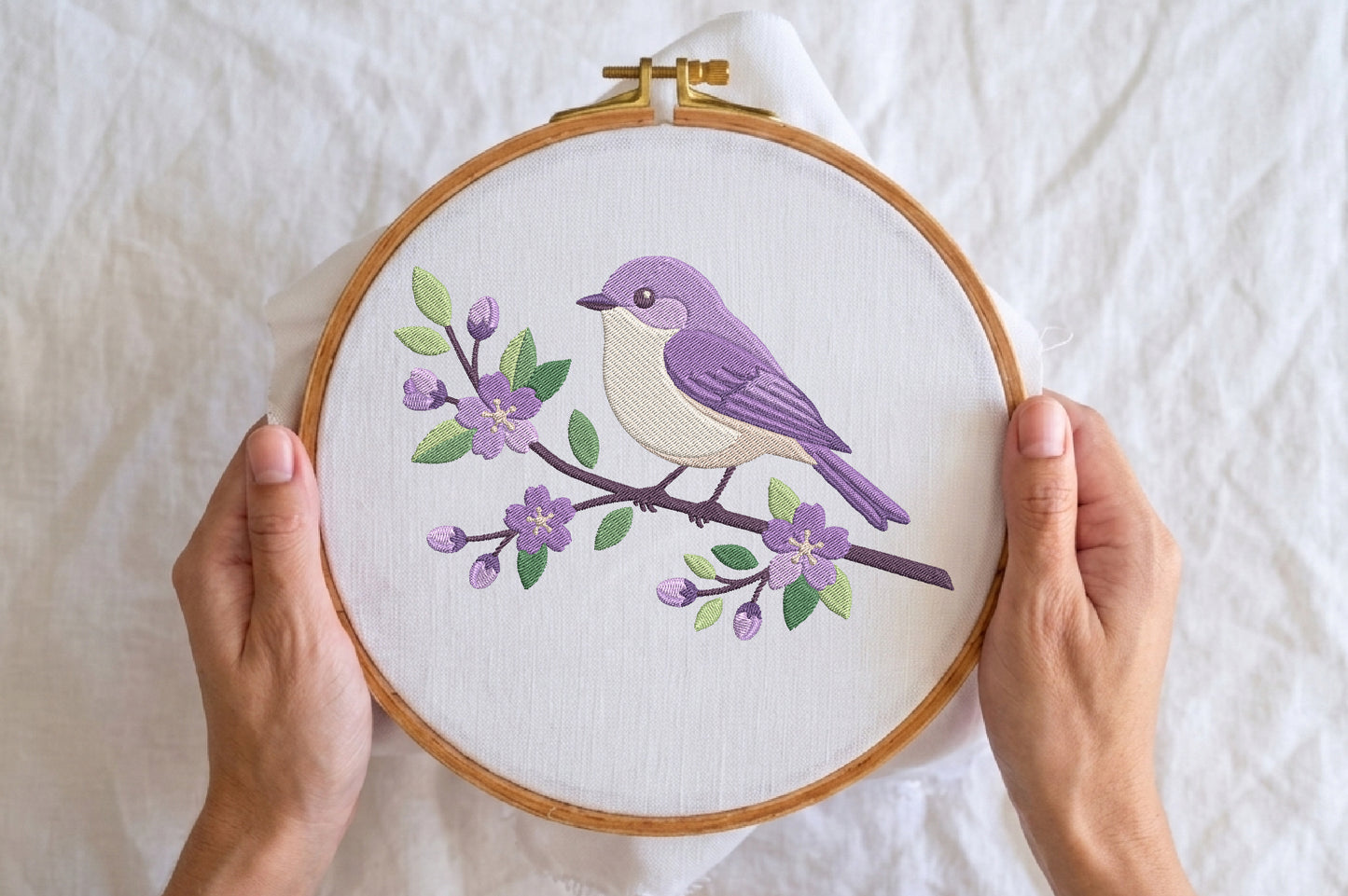 Lavender Bird Embroidery Design – Beautiful Bird & Lavender Flower Machine Embroidery Pattern, Elegant Botanical Nature Embroidery Design