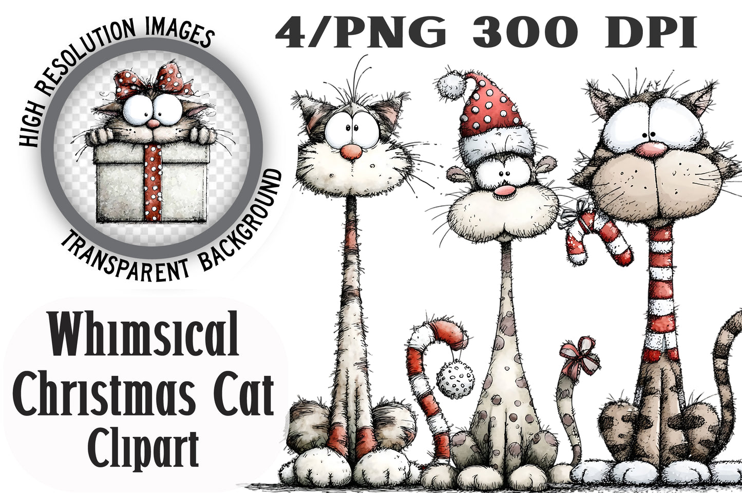 Lazy Christmas Whimsical Cat Clipart PNG Bundle | Cute Watercolor Sleeping Christmas Cat