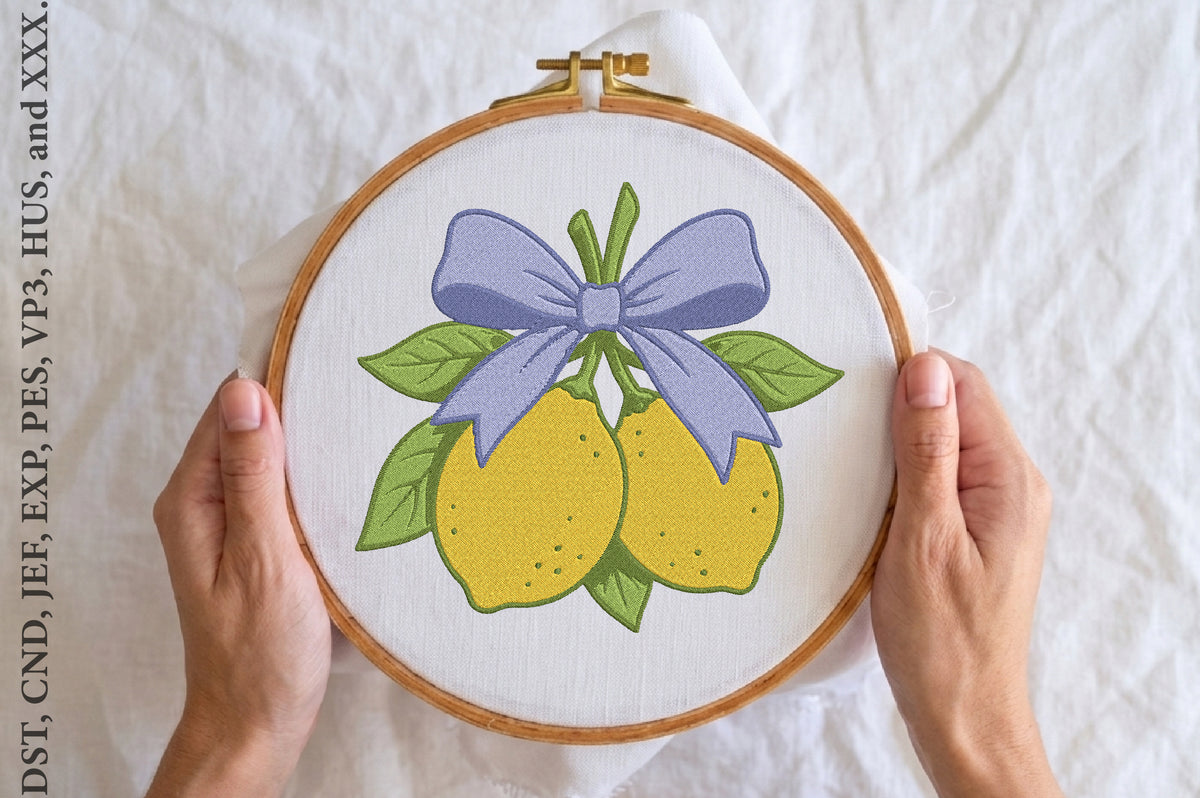 Lemon Bow Embroidery Design – Cute Lemon & Bow Machine Embroidery Pattern, Fresh Citrus Floral Embroidery Design