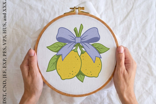 Lemon Bow Embroidery Design – Cute Lemon & Bow Machine Embroidery Pattern, Fresh Citrus Floral Embroidery Design