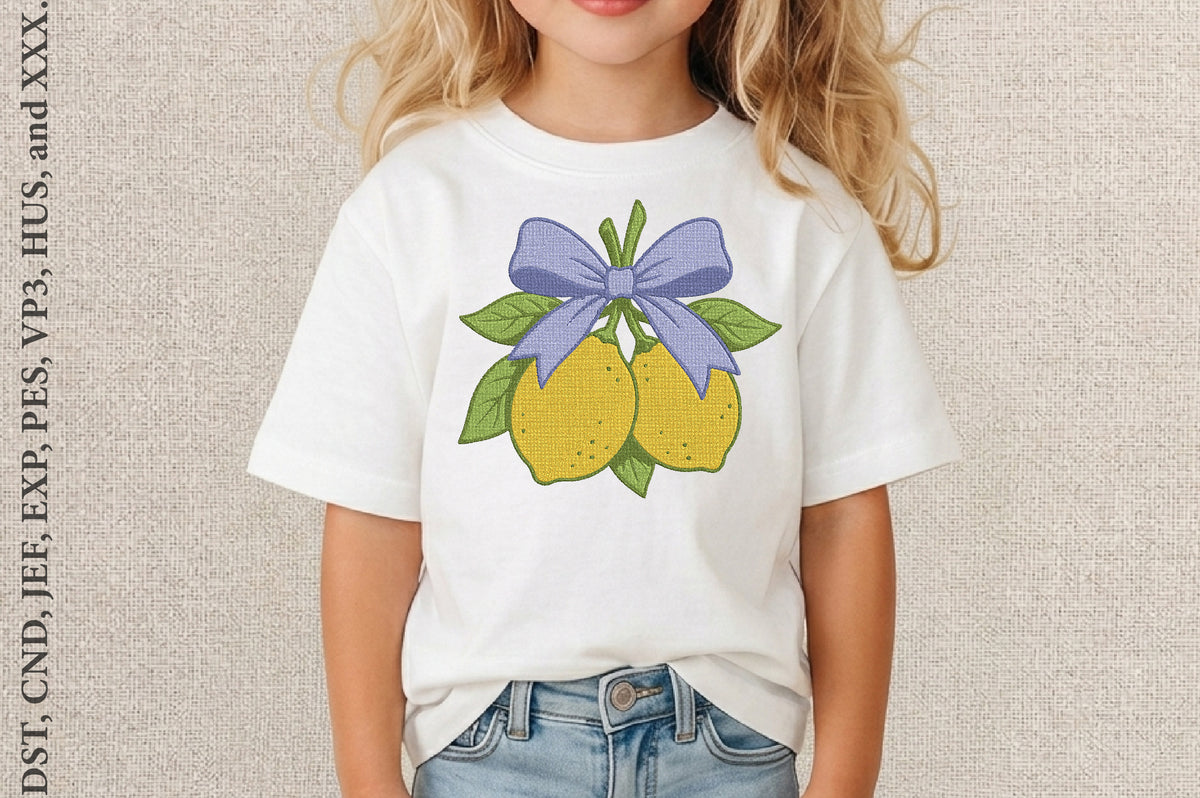 Lemon Bow Embroidery Design – Cute Lemon & Bow Machine Embroidery Pattern, Fresh Citrus Floral Embroidery Design