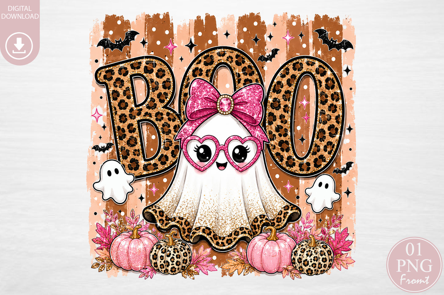 Boujee Ghost Boo PNG Leopard Pink Halloween Sublimation Design