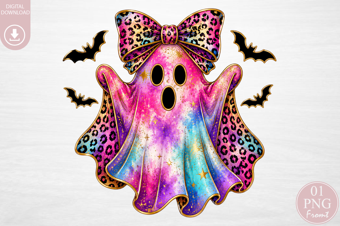 Leopard Ghost Bow PNG Pink Halloween Spooky Sublimation Design