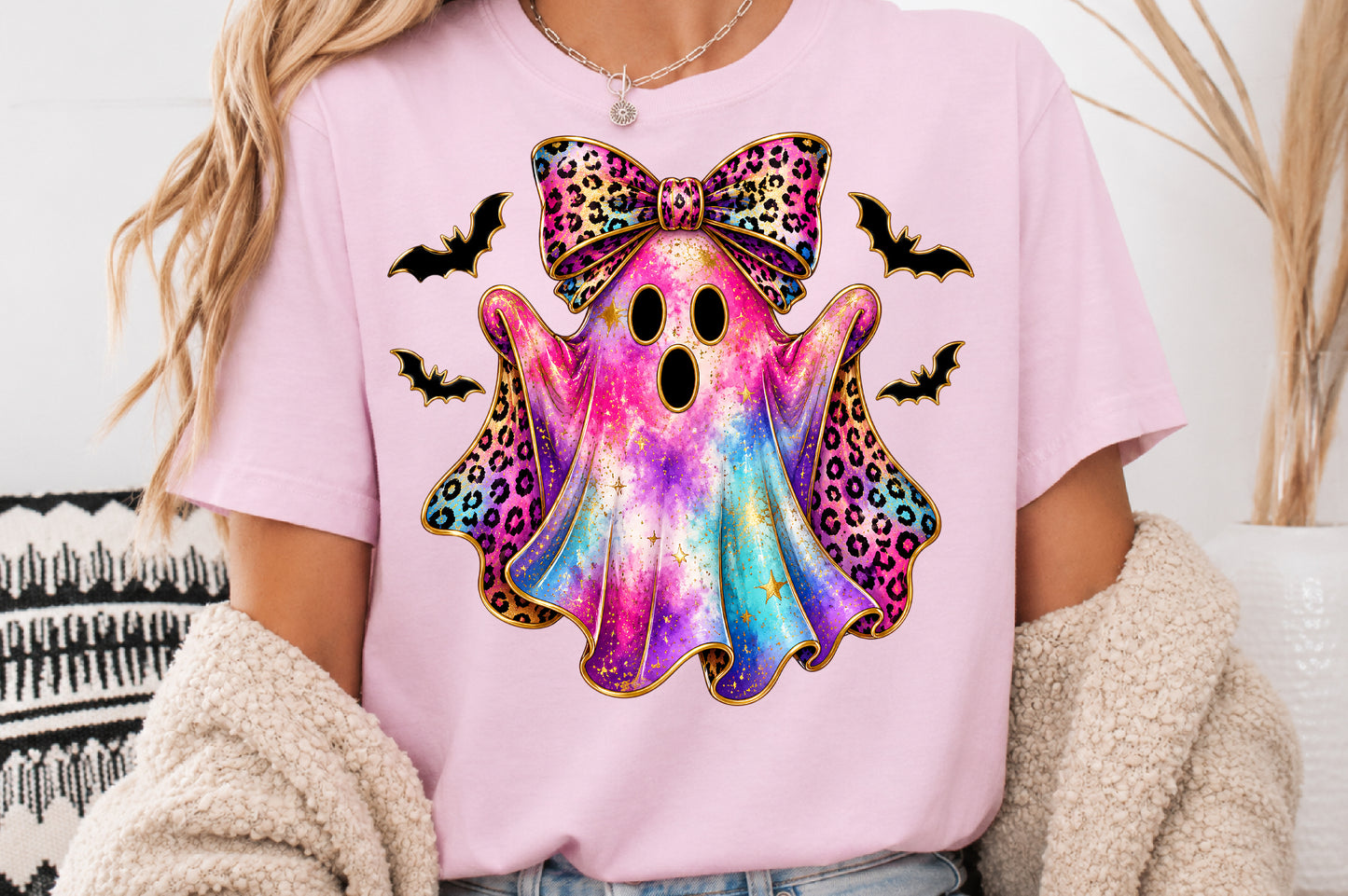 Leopard Ghost Bow PNG Pink Halloween Spooky Sublimation Design