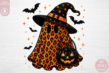 Leopard Ghost Witch Hat PNG Orange Halloween Spooky Sublimation Design