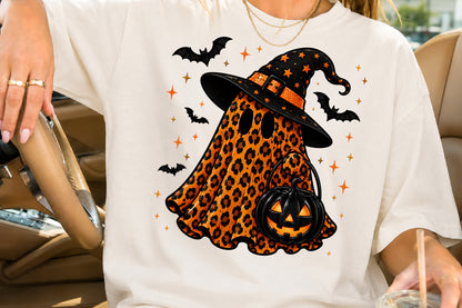 Leopard Ghost Witch Hat PNG Orange Halloween Spooky Sublimation Design