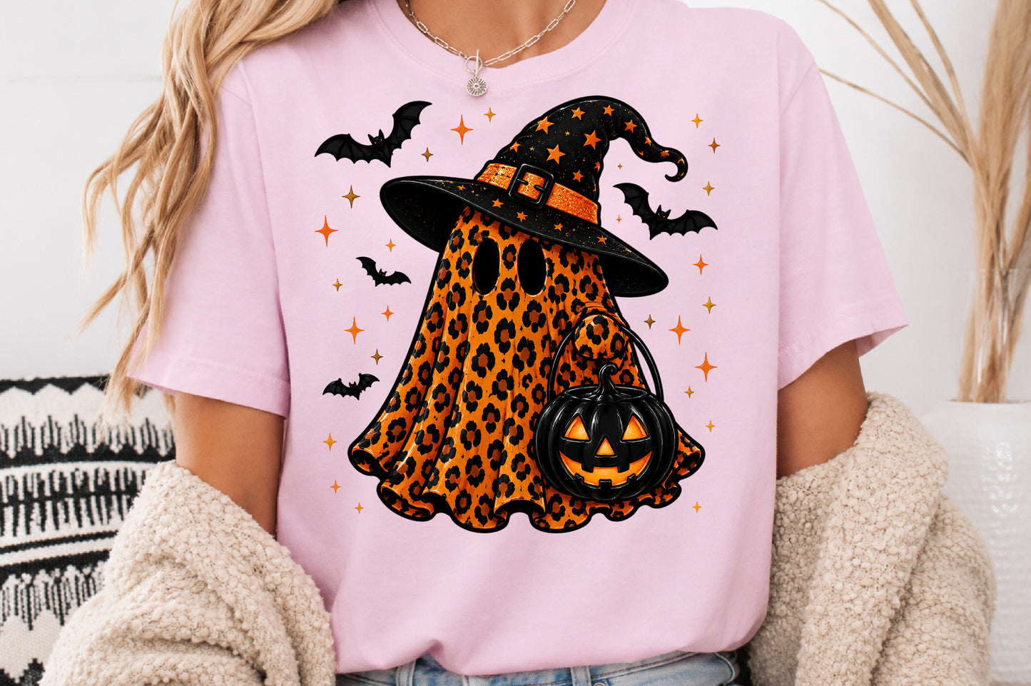 Leopard Ghost Witch Hat PNG Orange Halloween Spooky Sublimation Design