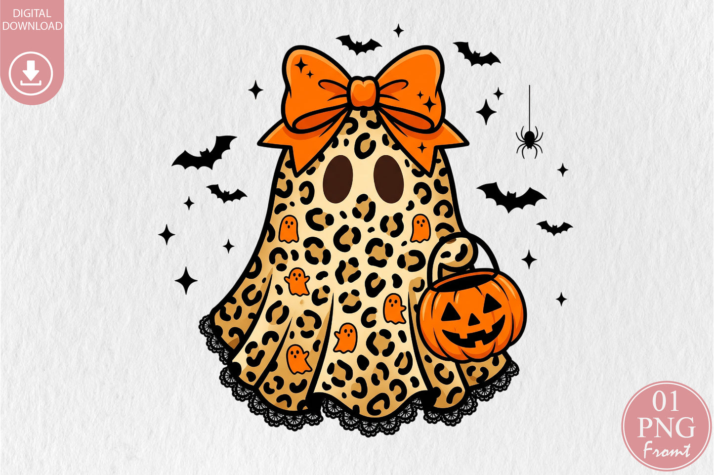 Leopard Halloween Ghost PNG Girly Spooky Pumpkin Sublimation Design