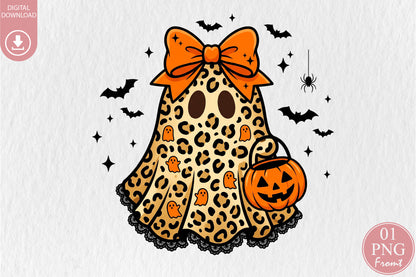 Leopard Halloween Ghost PNG Girly Spooky Pumpkin Sublimation Design