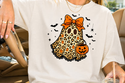 Leopard Halloween Ghost PNG Girly Spooky Pumpkin Sublimation Design