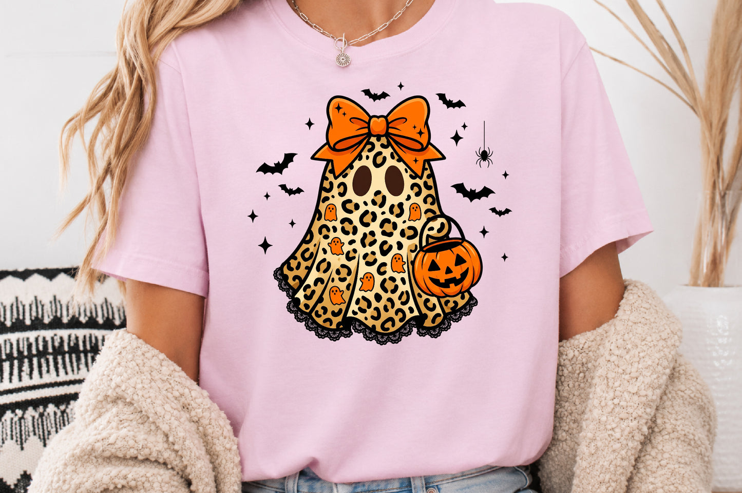 Leopard Halloween Ghost PNG Girly Spooky Pumpkin Sublimation Design