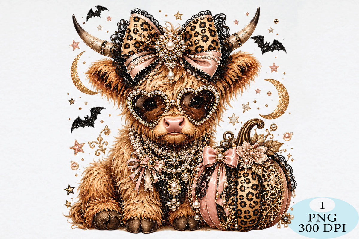 Leopard Highland Cow Halloween PNG Glam Spooky Cow Design