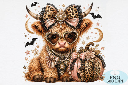 Leopard Highland Cow Halloween PNG Glam Spooky Cow Design