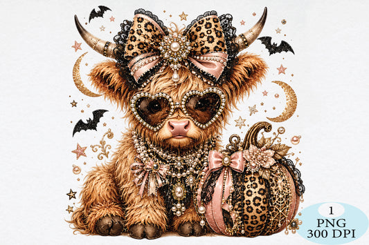Leopard Highland Cow Halloween PNG Glam Spooky Cow Design