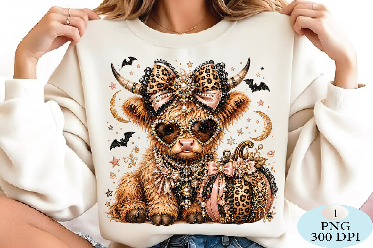 Leopard Highland Cow Halloween PNG Glam Spooky Cow Design