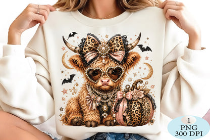 Leopard Highland Cow Halloween PNG Glam Spooky Cow Design