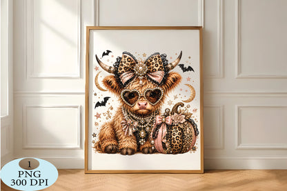 Leopard Highland Cow Halloween PNG Glam Spooky Cow Design