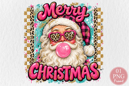 Leopard Print Merry Christmas Santa PNG Pink Santa Claus Holiday Sublimation