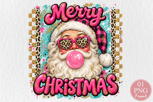 Leopard Print Merry Christmas Santa PNG Pink Santa Claus Holiday Sublimation