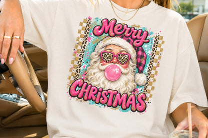 Leopard Print Merry Christmas Santa PNG Pink Santa Claus Holiday Sublimation