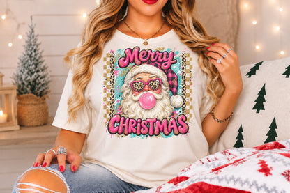 Leopard Print Merry Christmas Santa PNG Pink Santa Claus Holiday Sublimation