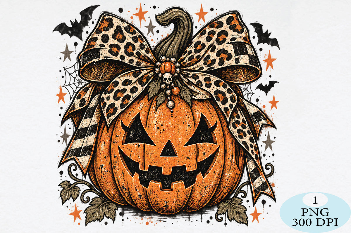 Leopard Pumpkin Bow Halloween PNG