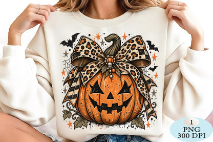 Leopard Pumpkin Bow Halloween PNG