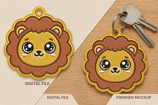 Cute Lion Keychain Embroidery Design – Adorable Lion Machine Embroidery Pattern, Lion Key Fob & Bag Charm Embroidery Design
