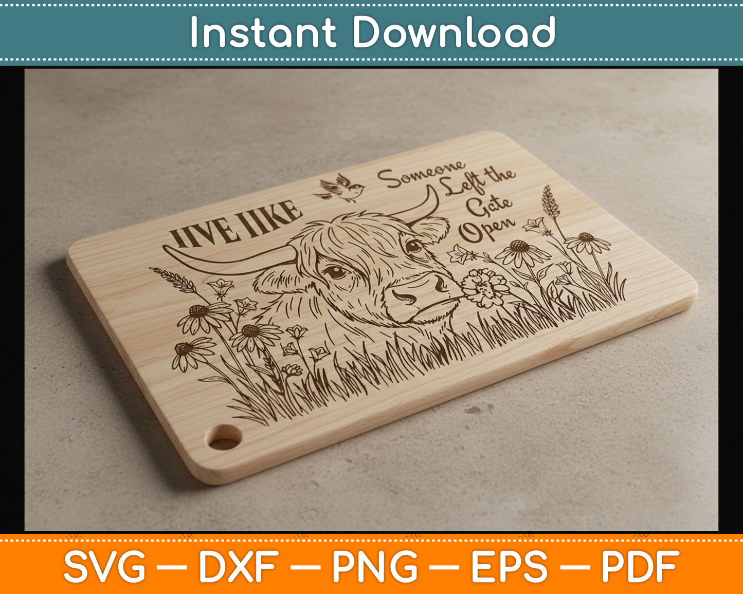 Highland Cow And Flowers Charcuterie Cutting Board Laser Engrave SVG File