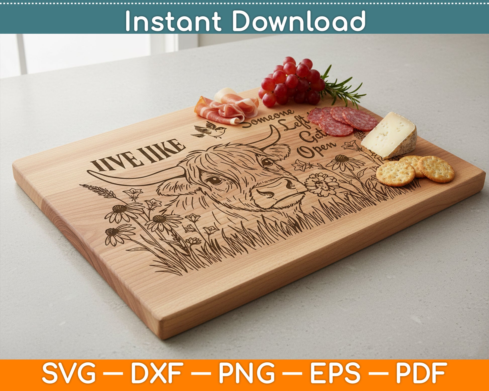 Highland Cow And Flowers Charcuterie Cutting Board Laser Engrave SVG Digital Download