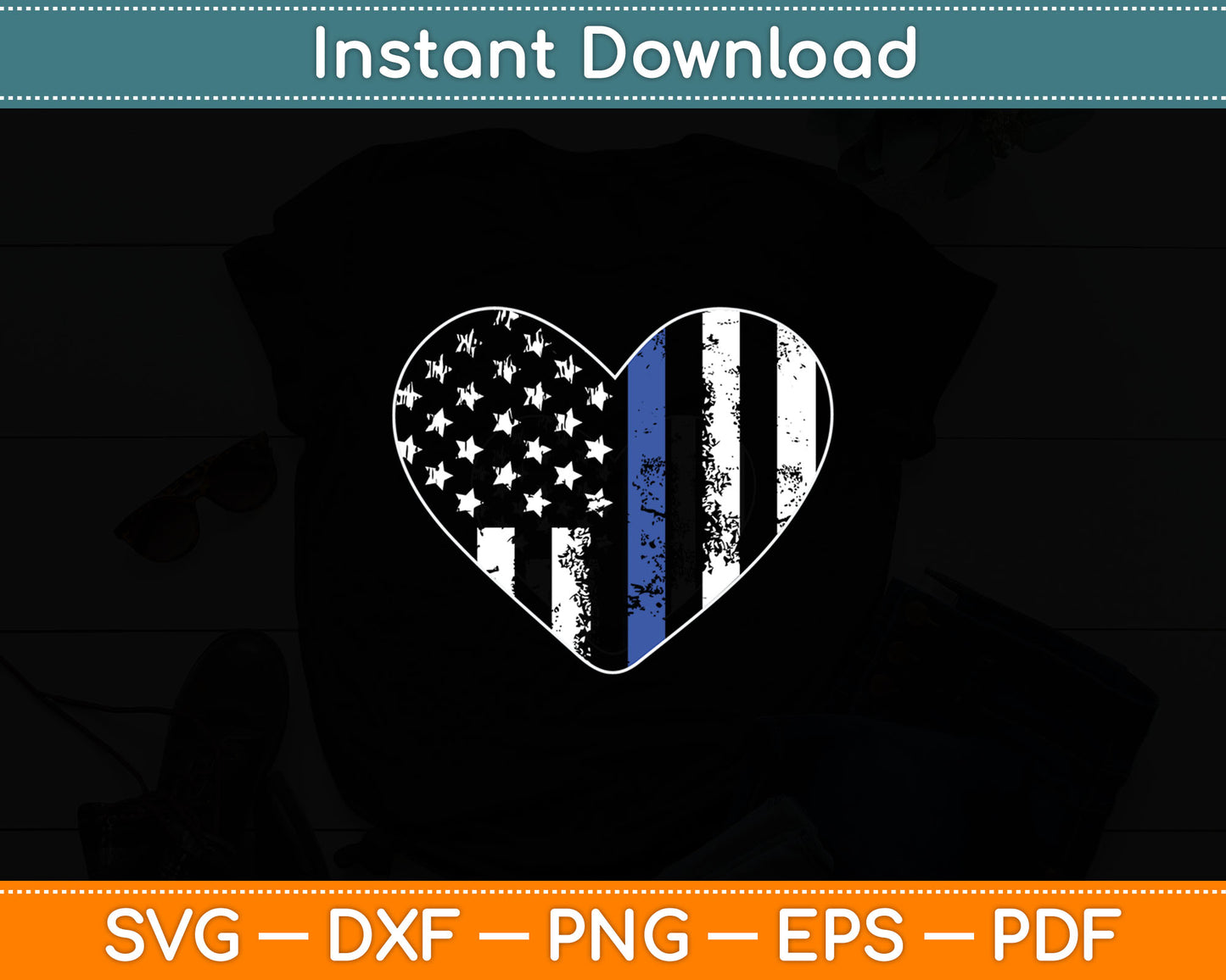Love Our Police Officer US Flag Heart Thin Blue Line Svg Digital Cutting File