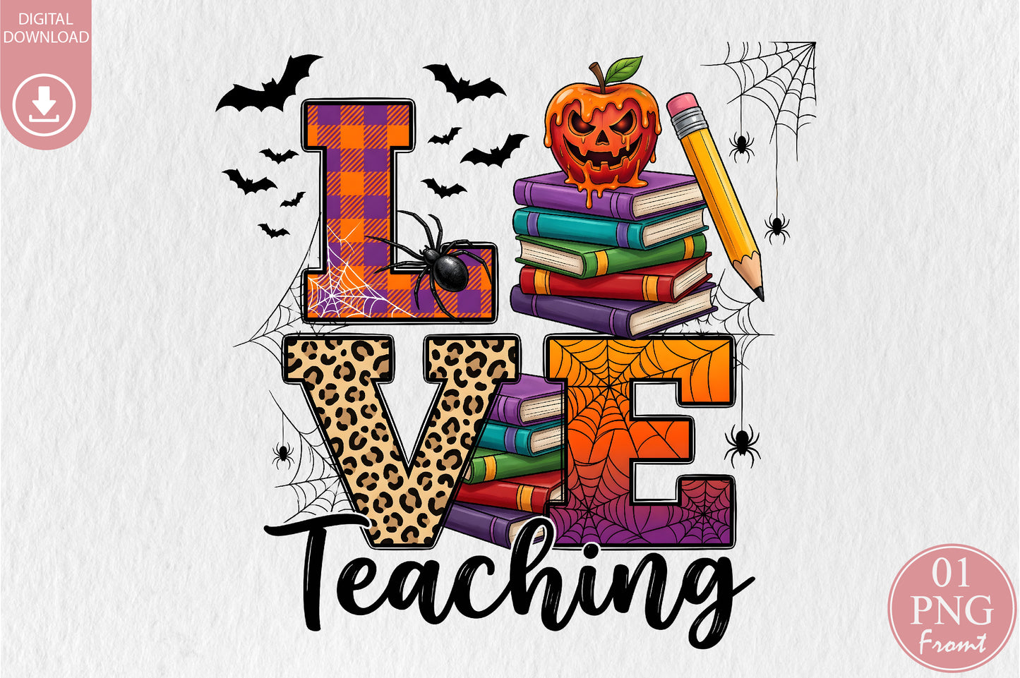 Halloween Teaching PNG Teacher School Spooky Books Pumpkin Pencil Sublimation Design