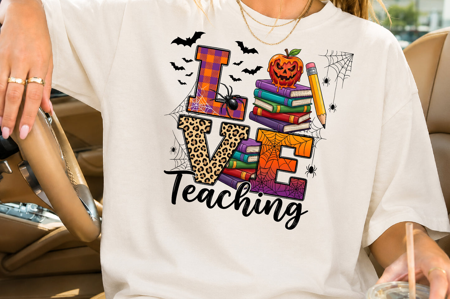 Halloween Teaching PNG Teacher School Spooky Books Pumpkin Pencil Sublimation Design