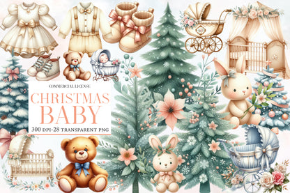 Christmas Baby Clipart PNG Bundle | Watercolor Cute Christmas Baby Clipart | Festive Baby Holiday PNG