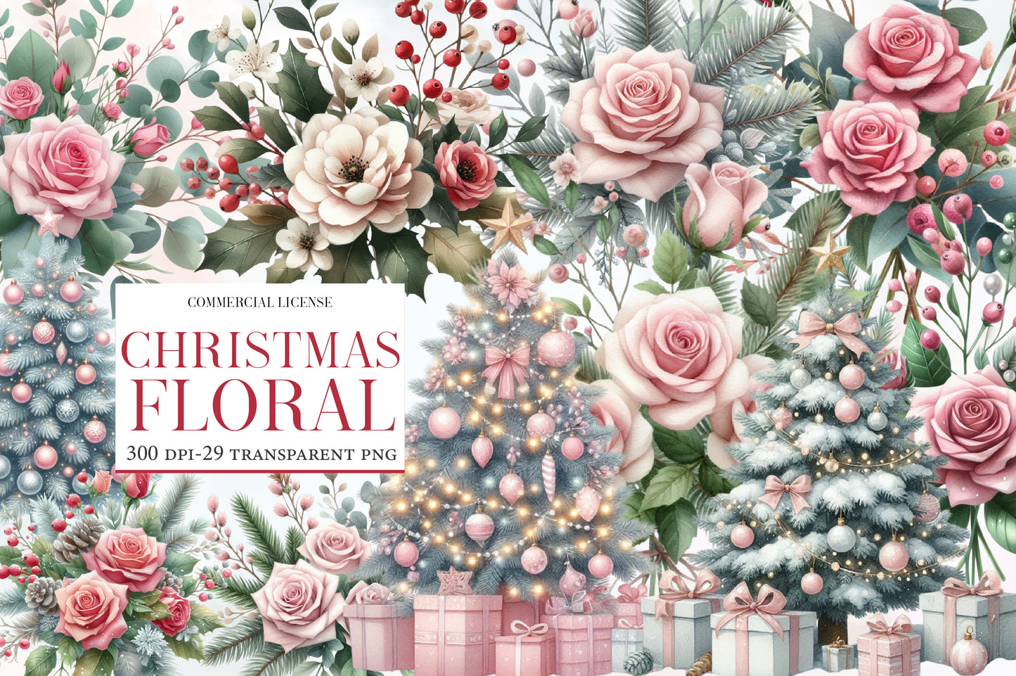 Christmas Floral Clipart PNG Bundle | Watercolor Festive Christmas Flowers Clipart | Holiday Floral Sublimation PNG