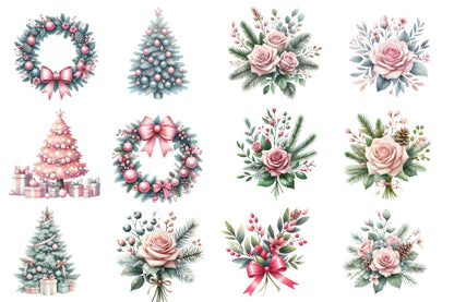 Christmas Floral Clipart PNG Bundle | Watercolor Festive Christmas Flowers Clipart | Holiday Floral Sublimation PNG